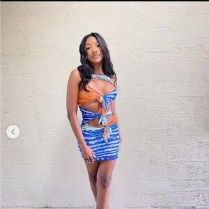 Stylish mesh Tie-Dye Mini dress /cover up - Blue and Orange